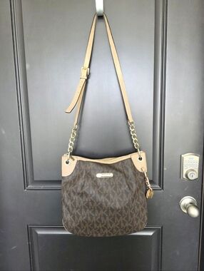 Michael Kors Brown Signature MK Leather Shoulder Bag Women Gold Hardware